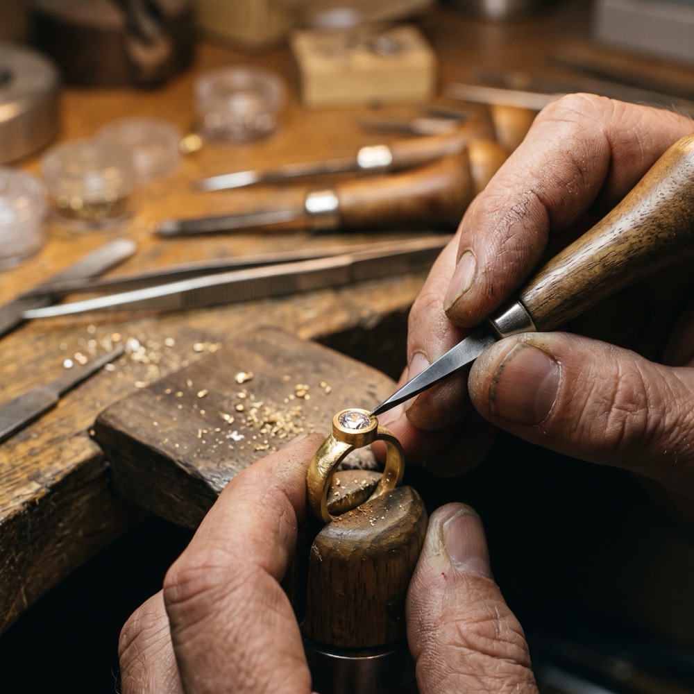 close macro of a jeweler using a graver to set a small stone into a gold bezel under a bench lamp