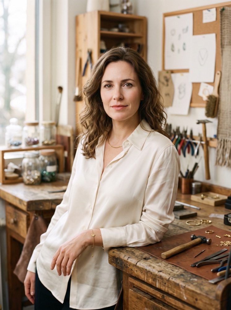 Elena Vero, a poised woman in her early forties in a quiet atelier