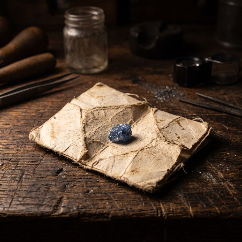 a single small uncut rough sapphire resting in a worn folded paper packet on an aged wooden jeweler's bench
